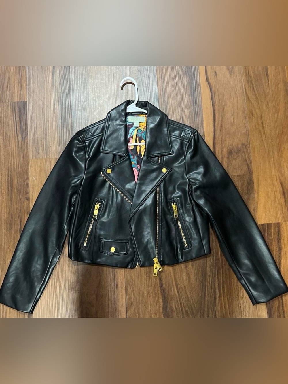 Black Faux Leather Moto Jacket with Gold Hardware